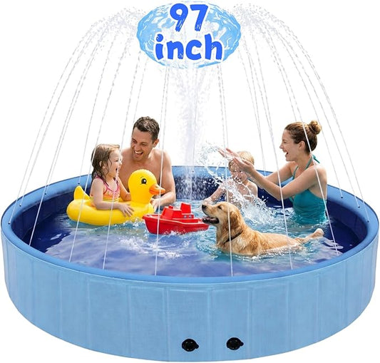 Eooqi Foldable Dog Pool with Sprinkler, 97 Inch Extra Large Thickened Splash Pool, 2-in-1 Outdoor Summer Water Play Toy, Non-Slip Hard-Side Kiddie Pool for Backyard Dogs, Kids & Pets (Blue, 97"-6XL)