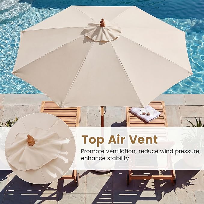HAPPYGRILL 9 FT Patio Umbrella, Outdoor Table Market Umbrella with 8 Sturdy Bamboo Ribs, Wood Pole, Sun-Protective Double-Tier Canopy, Air Vent, Sunshade Parasol for Garden Deck Backyard Pool (Beige)
