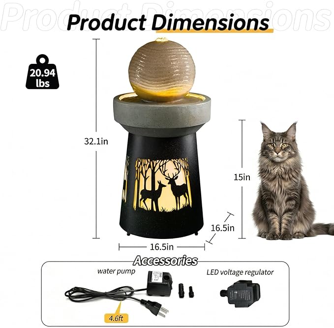 Outdoor Water Fountain with Warm LED Lights – 32.1” Tall Spherical Top Birdbath Style Resin Garden Fountain with Deer Silhouette, Self-Contained Submersible Pump,Water Feature for Patio, Yard, Lawn
