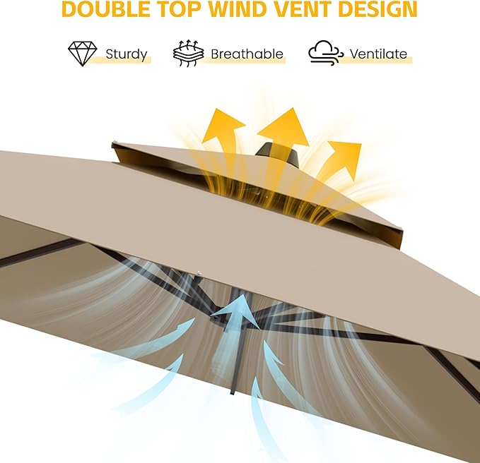 9x12 FT Patio Cantilever Umbrella (Base Not Included) (Base Not Included), Rectangular Heavy Duty Offset Umbrella for 6-8 People, 360°Rotation & Mult Tilt, Double Top Design, for Pool Garden Deck (Tan)