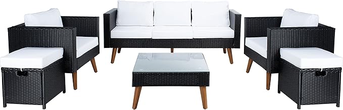 SAFAVIEH Outdoor Collection Presla Wicker Cushion 6-Piece Living Set PAT7715A-3BX, Black/White