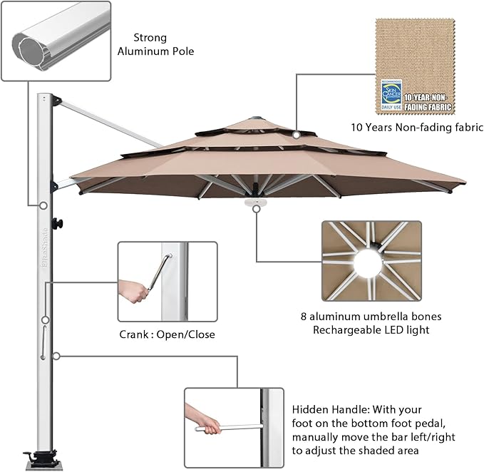 EliteShade USA APOLLO 3-Tier 11FT Full Aluminum Cantilever Patio Umbrella for Outdoor restaurant Garden Courtyard Deck Pool and Marketing with Light,Heather Beige