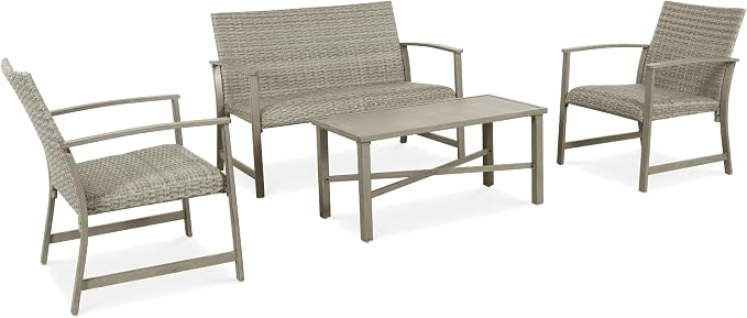 4-Piece Wicker Patio Furniture Set, Modern Outdoor Conversation Set with Coffee Table and Padded Seat Cushions, Rattan Sectional Sofa for Backyard, Garden & Lawn, Light Grey