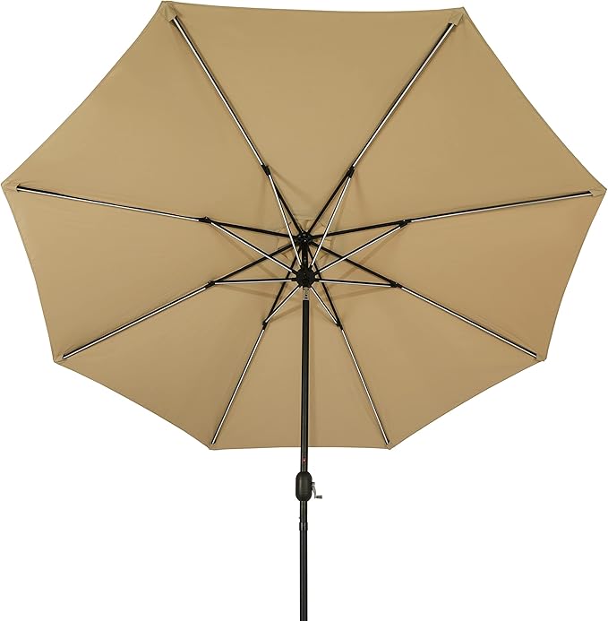 Island Umbrella Calypso 11 ft Octagon Patio Umbrella – With Crank Lift, Push-Button Tilt, Rust-Resistant Aluminum Pole, 8-Rib Frame, Solar LED Lights & Breez-Tex Weather-Resistant Canopy – Champagne