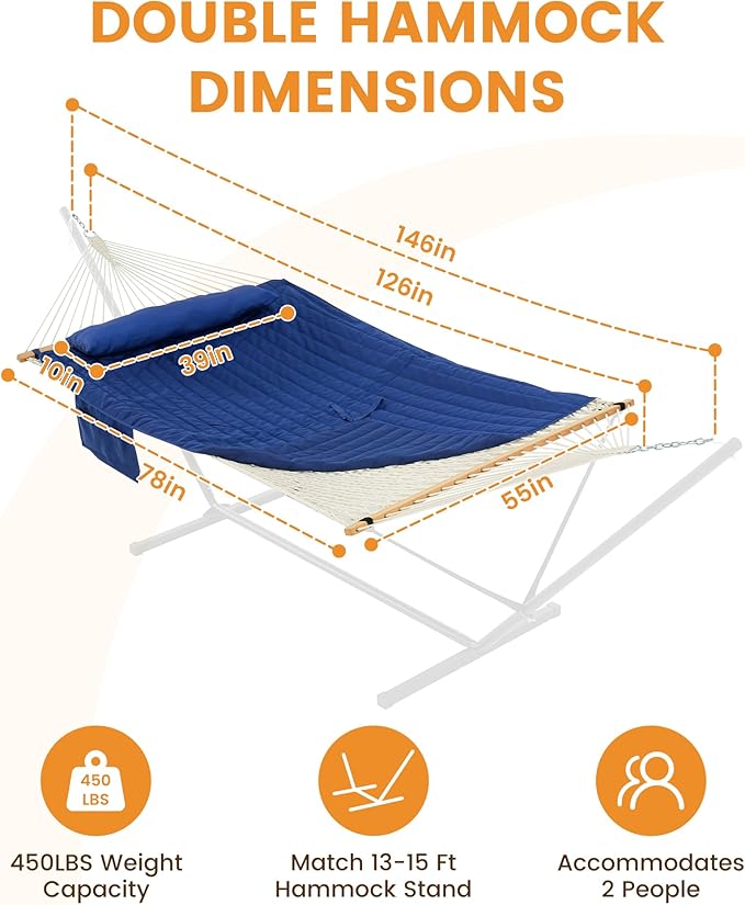 Lazy Daze Hammocks Rope Hammock with Pad, Spreader Bar, Carabiners, Tree Straps, Chains for Outside Patio- Max 450 Lbs, Navy Blue