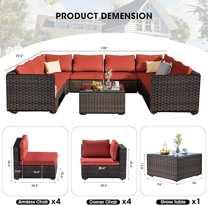 9 Piece Patio Furniture Set All Weather PE Rattan Outdoor Sectional Sofa Couch with No-Slip Cushions and Glass Top Table for Garden, Poolside, Backyard (Red)