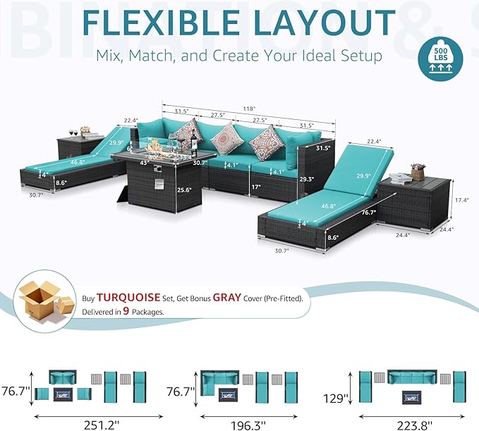 NICESOUL 9 Piece Outdoor Patio Furniture Set with Fire Pit, Modern Backyard Sectional with Chaise Lounge, Cozy 29.3'' High-Back Outside Seating Sofa, All-Weather Wicker Couch for Garden, Grey & Teal