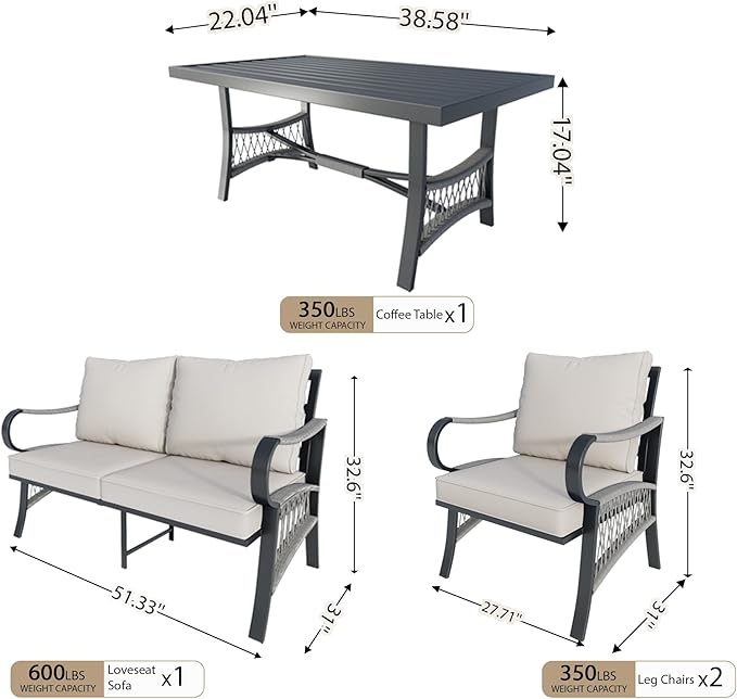 4 Pieces Patio Furniture Set, Metal Outdoor Conversation Sets with Coffee Table, Modern Couch Sofa Set Includes Single Chairs and Loveseat Seating Group (Thick Beige Cushions)