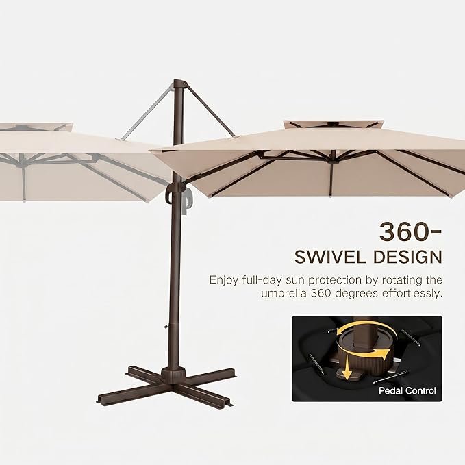 Kingdura Cantilever Patio Umbrella with Double Top Vent, Large Square Aluminum Outdoor Offset Umbrella with 360-degree Rotation, Infinite Tilt, UV Protection for Pool Deck Garden Patio