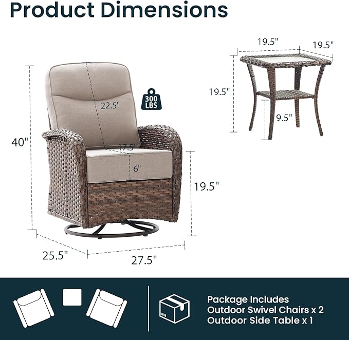 Luxury 6-Inch Cushion Outdoor Swivel Rocker Patio Chairs with Side Table, High Back Wicker Patio Furniture Set for Deck Porch Garden Balcony and Poolside Beige Cushion