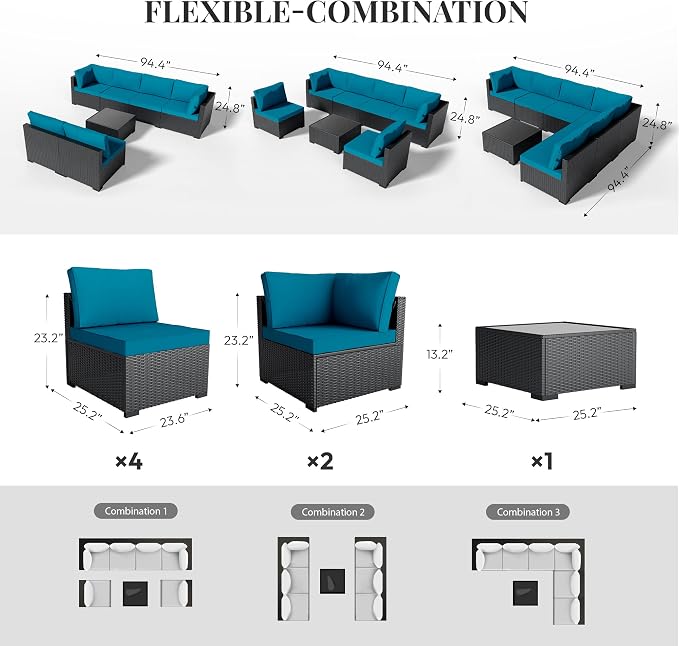 WWR Patio Furniture Set 7 Piece - All-Weather - Wicker Rattan Patio Outdoor Conversation Set, Modular Sectional Sofa for Backyard, Garden, Poolside, Balcony, Porch, Patio, Black/Peacock Blue