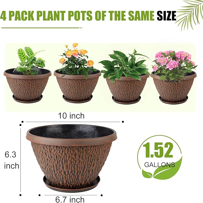 Nooulap 4 Pack Flower Pots Outdoor, 10 Inch Plant Pot with Drainage Hole & Tray, Thickened Plastic Planters for Indoor Outdoor Plants, Lightweight Brown Decorative Garden Pot with Saucer