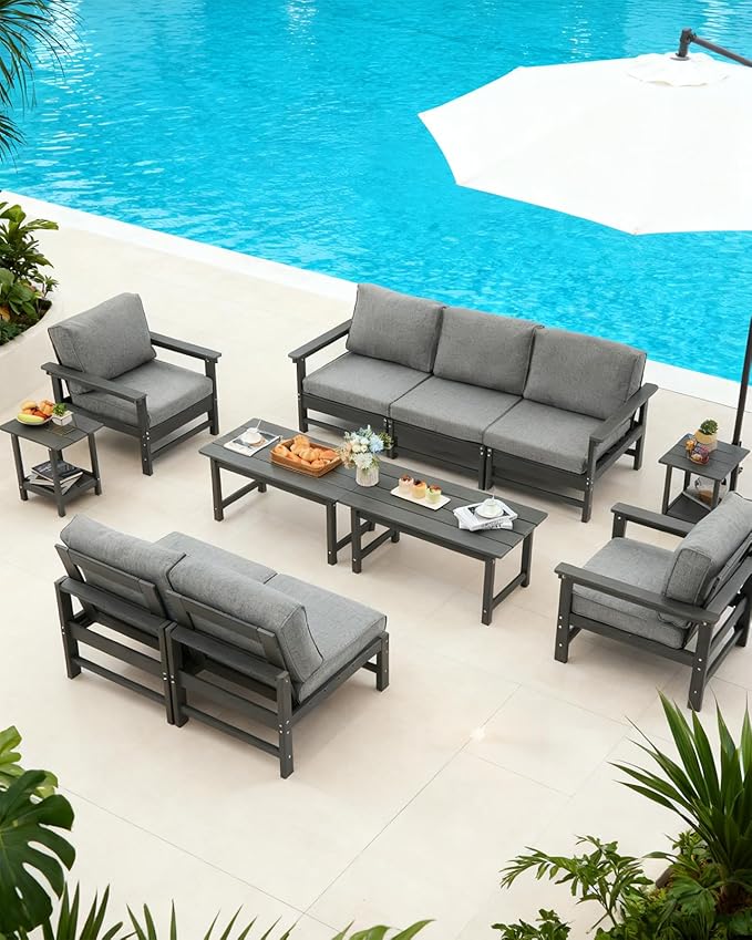 HDPE Outdoor Patio Furniture Set with Cushions, 10 Piece Patio Conversation Set Sofa Set,All Weather Outdoor Couch Set with Coffee Table for Lawn, Garden, Deck