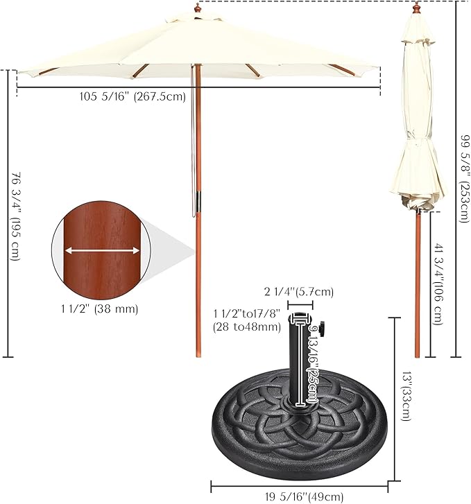 Yescom 9ft Coastal Solid Wood Umbrella Pulley Lift Commercial Base with Wheel Included for Seaside Restaurant Terrace Poolside Beach Club