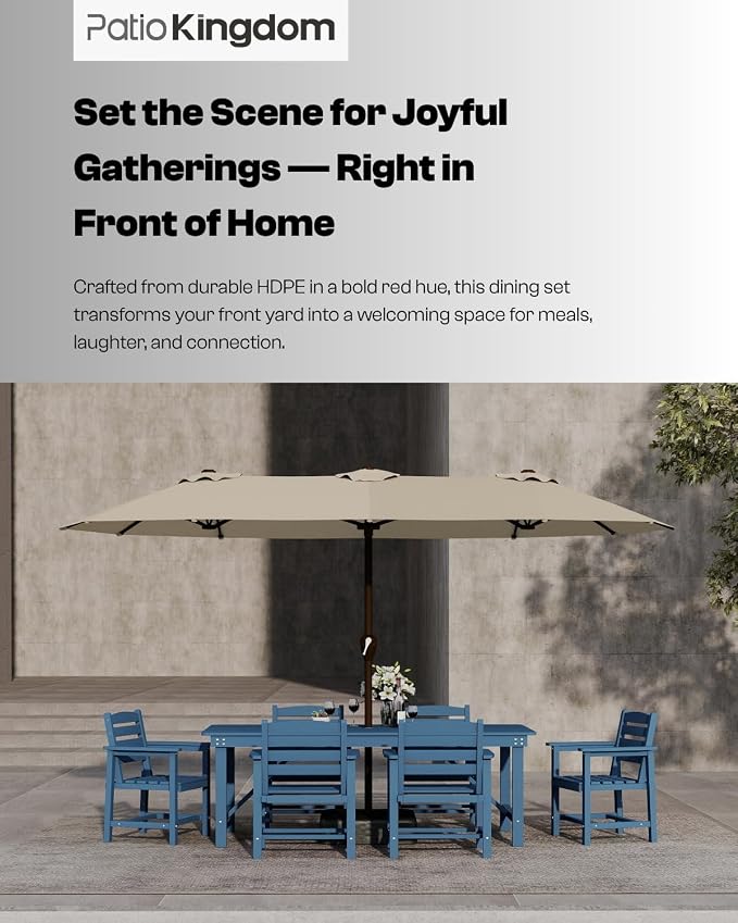 7-Piece Outdoor Dining Set with 15FT Umbrella for 6,Navy Blue | 75.2'' HDPE table, chairs included, weather-resistant furniture with hole, ideal for lawn, poolside, yard, garden, deck