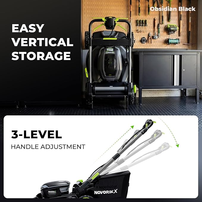NovorikX 60V Cordless Lawn Mower with 2X5.0Ah Battries, 21" Self Propelled Electric Lawn Mower, Brushless Motor, LED Headlight 3 in 1 Mulching Bagging Side Discharge Obsidian Black