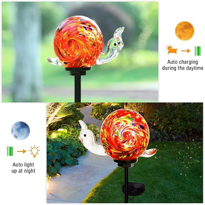 Bshine Solar Garden Decoration Outdoor Snail Lights, Hand Blown Glass Waterproof Solar Light Stake Decorate Paths, Pathways, Lawns and Yards Art for Mom