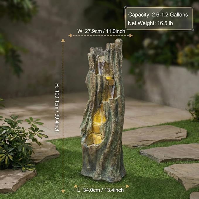 Outdoor Tree Waterfall Fountain with LED Lights,Freestanding Tree Design Garden Water Feature,Polyresin Construction,Easy Setup for Patio Backyard Lawn Porch
