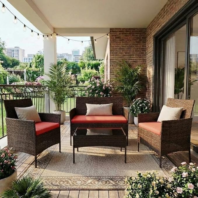 GarveeHome Modern 4-Person Outdoor Bistro Set with Tempered Glass Table – Weather-Resistant PE Rattan & Iron Frame Patio Furniture, Thick Red & Brown Polyester Cushions for Garden, Balcony, Deck