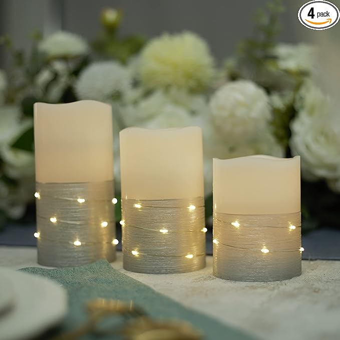 H-BLOSSOM Flickering Flameless Candles Ivory Real Wax Pillar with Embedded String Lights LED Candles Battery Operated with 10 Key Remote and Cycling 5H Timer Set of 3 (3" x 4"/5"/6") (Silver)