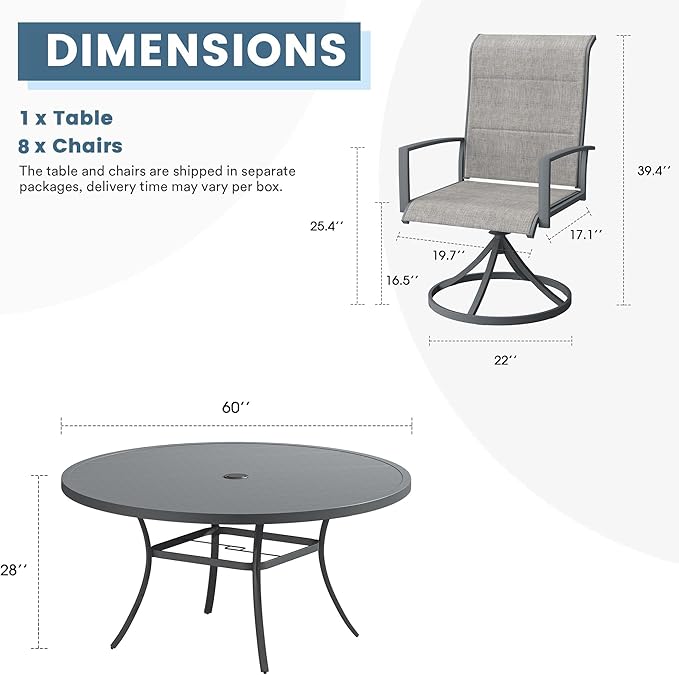 DIFY 9 Piece Outdoor Patio Dining Set for 8, 60" Round Metal Dining Table and Swivel Patio Chairs with Padded Textilene, All-Weather Outdoor Furniture Set for Garden Backyard Porch, Grey