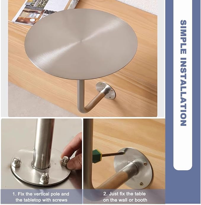 Silver Stainless Steel Round Bistro Table - Wall-Mount Cocktail Bar Table for Indoor/Outdoor Dining - Compact 30x30x45cm Pub Table, Perfect for Home & Patio