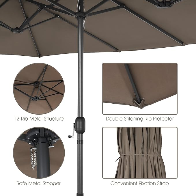Tangkula 15FT Double-Sided Patio Umbrella, Outdoor Market Umbrella W/Hand-Crank System & Enhanced Base, Ultra-Large Twin Garden Umbrella W/ 12-Rib Structure for Residential & Commercial Use (Coffee)