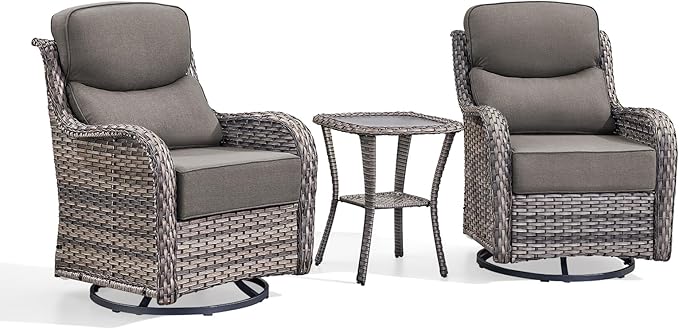 Luxury Outdoor Swivel Rocker Patio Chairs-3 Piece Wicker Patio Rocking Chairs Set of 2 with Glass Side Table 6" Thick Cushions High Back Outdoor Furniture Sets for Deck Porch Balcony(Grey/Grey)