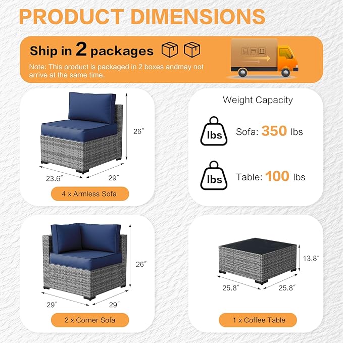 MOCHITO 7 Pieces Outdoor Patio Furniture Sets, All-Weather Sectional Sofa Grey PE Rattan Wicker Conversation Set with Glass Table and Washable Blue Cushions for Backyard,Sunroom,Garden,Porch