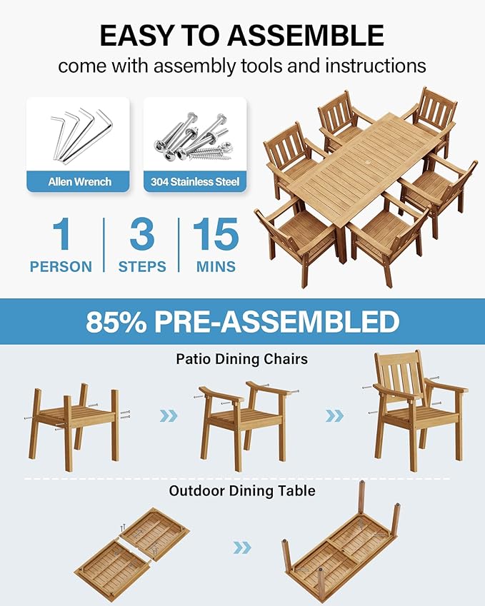 YEFU Outdoor Dining Table for 6: All Weather Rectangular Patio Table with Umbrella Hole and Aluminum Frame - Outdoor Furniture for Outside Backyard/Garden/Pool/Porch/Deck, 300lbs Capacity, Teak