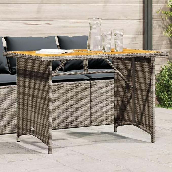 Contemporary Garden Table Grey PE Rattan with Powder-Coated Steel Frame and Solid Acacia Wood top 43.3x26.8x27.6 inches Seating six for Patio Outdoor Dining and Backyard use