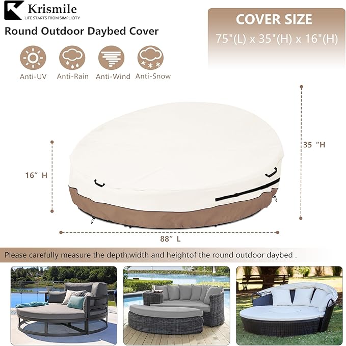 Heavy Duty 600D Waterproof Outdoor Daybed Cover for 88" Round Patio Sofa - UV-Resistant All-Weather Protection Furniture Cover with Air Vent, Fits 88" Dia x 35"/16" H (Beige)