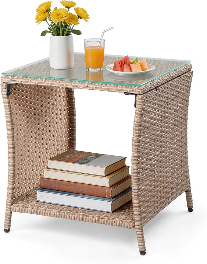 VINGLI Outdoor Wicker Side Table Patio Side Tables for Outside, Tempered Glass Top Wicker Table with Storage End Table for Balcony Porch Deck (Natural)