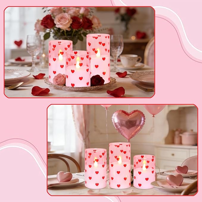 Silverstro Love Flameless Candles with Remote Timer, Glass Battery Operated Candles, Pink Spray-Painted Heart LED Candles for Home Party Wedding Valentine's Day Decor Set of 3