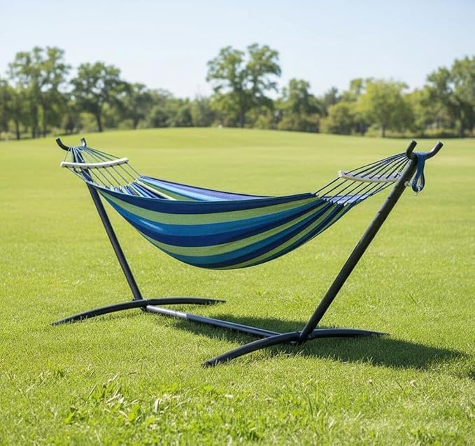 TrailBlaze Double Hammock with Stand, Heavy Duty Portable Steel Hammock Set for Outdoor and Indoor Use, 500lb Capacity, Includes Carrying Bag, Space Saving Design,Quick Assembly