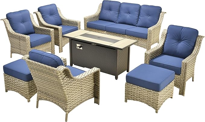Outdoor Patio Furniture Sets, 8 PCS Patio Conversation Set Outside Rattan Sofa with 54 in Fire Pit Table Comfy Cushions Fit Backyard Porch Garden Poolside Balcony,Navy Blue