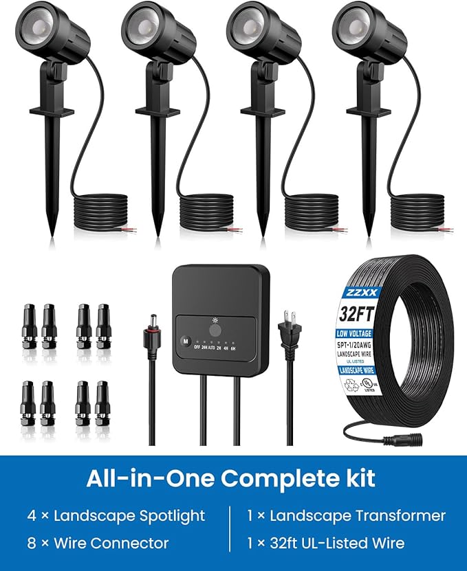 ZZXX All-in-One Low Voltage Landscape Lighting Kit, 4-Pack LED Landscape Lights with Transformer 32FT Wire and Connectors, 2700K Waterproof Landscape Spot Lights for Garden Yard House Tree