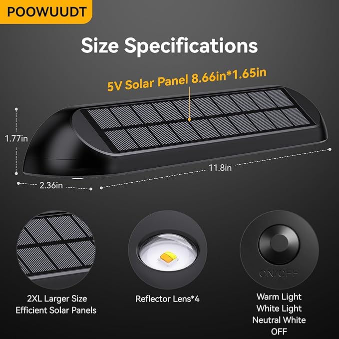 11.81inch Solar Fence Lights Outdoor Waterproof, 3-Mode (3000K/4000K/6000K),4 LED with Upgraded High-Efficiency Solar Panel & Wide Beam for Backyard/Patio/Deck/Step/Home Improvement(4 Pack)
