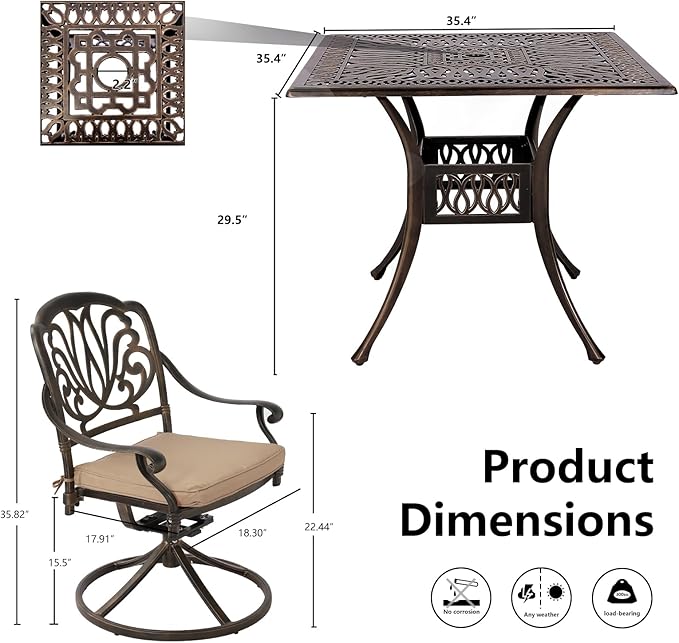 Grepatio 5 Piece Cast Aluminum Patio Dining Set, Outdoor Furniture Set with 4 Swivel Rocker Ding Chairs, 4 Cushions and 35.4" Square Patio Table with 2.4" Umbrella Hole, Antique Bronze (Khaki)