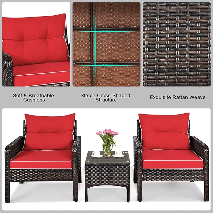 ORALNER 3-Piece Patio Conversation Set, All-Weather Wicker Sofa Chair and Coffee Table Set with Thick Cushions, Outdoor Furniture, Rattan Bistro Set for Balcony Deck Porch Poolside Garden (Red)