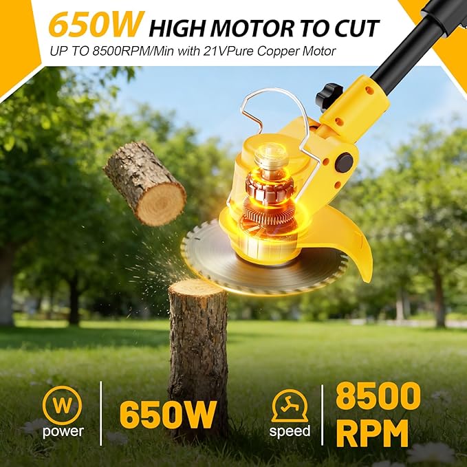 Electric Weed Wacker Cordless, Electric String Trimmer with 3 Types Blades & Removable Auxiliary Wheels, Brush Cutter & Grass Trimmer & Lawn Edger with for Garden Yard