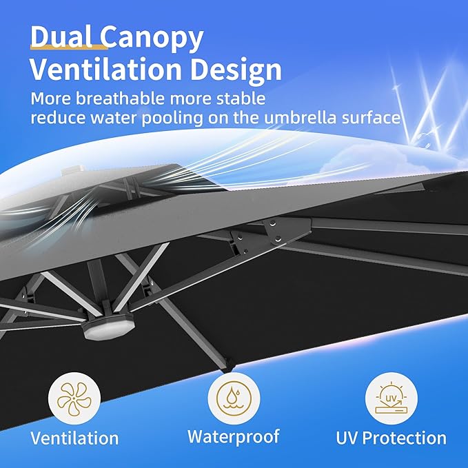 10 X 13 FT Cantilever Patio Umbrella with Led Lights Outdoor Rectangle Offset Large Double Top Heavy Duty Umbrellas with 360°Rotation for Pool Deck Backyard Garden, Black