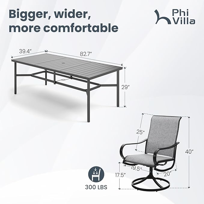 PHI VILLA 9 Piece Patio Table and Chairs Set for 8 Person, 82'' Rectangle Metal Slat Table and 8 Swivel Patio Chairs, All Weather Outdoor Dining Set for Deck Garden Yard (Grey)