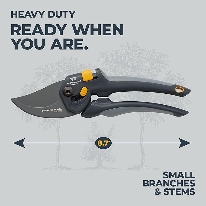 Woodland Tools Co. Heavy Duty Bypass Pruning Shears – 5/8" Cut Capacity, High Carbon Steel Blade, Internal Spring, Adjustable Grip Slider, Garden Hand Pruner for Plants, Shrubs, and Live Stems