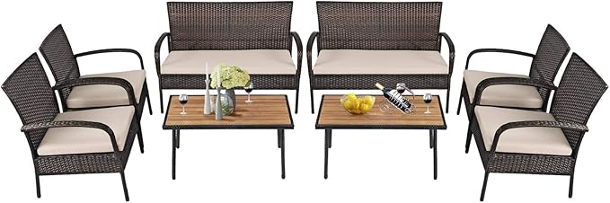 Tangkula 8 PCS Patio Rattan Furniture Set, Outdoor Conversation Set w/Cushions & Acacia Wood Coffee Tabletop, Sectional Sofa Set for Garden, Backyard, Poolside (2, Brown)