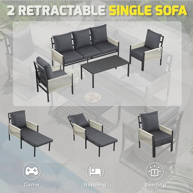 AECOJOY Aluminum Patio Furniture Set 5 Seats Outdoor Sectional Sofa Couch with Coffee Central Table Patio Conversation Sets for Porch Deck, Dark Grey