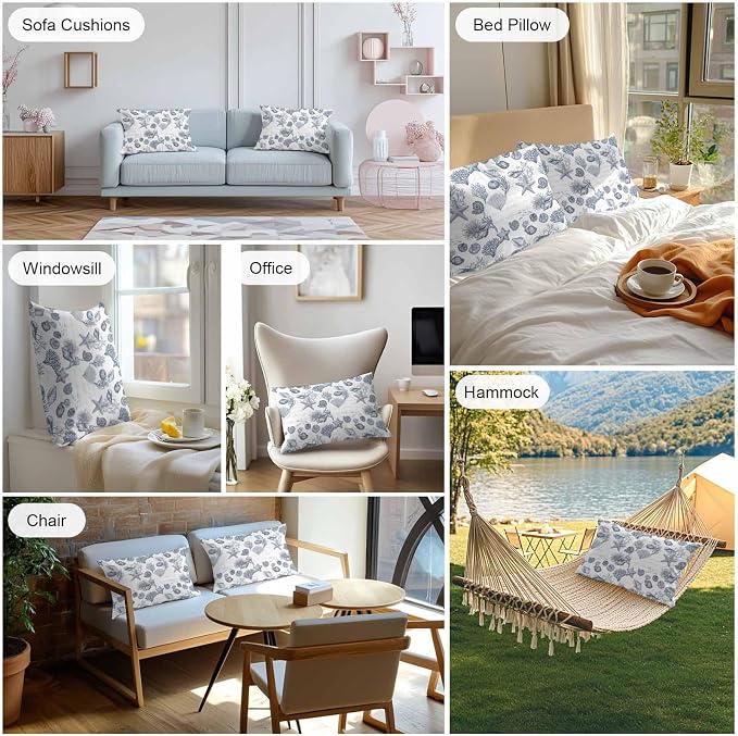 Waterproof Throw Pillow Covers for Couch Patio Living Room Furniture Garden Balcony, Ocean Sea Marine Life Coral Conch Navy Blue Rectangle Cushion Cases Home Decorations, 20 x 12 Inch Set of 2