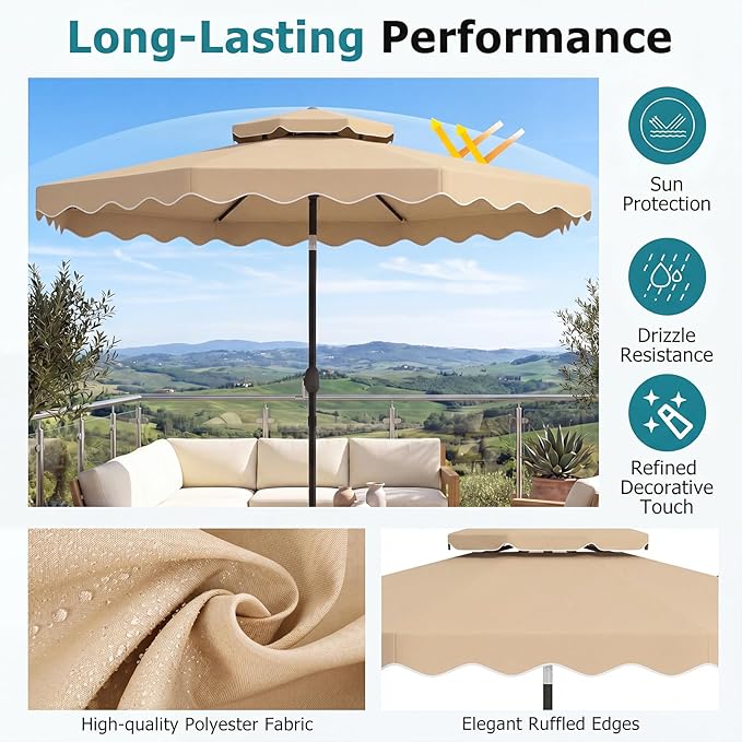 Happygrill 10 FT Patio Umbrella, Scalloped Outdoor Table Market Umbrella with Push Button Tilt & Crank, 2-Tier Vented Top, Heavy-Duty 8 Metal Ribs, Sun-Protective Canopy, Ruffle for Deck Pool Garden (Beige)