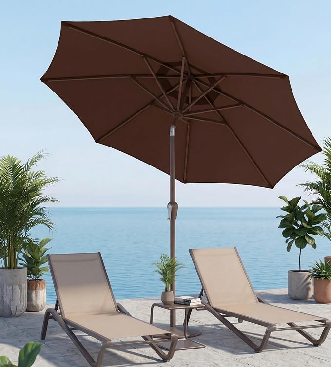 10FT Patio Umbrella, Outdoor Umbrella with Push Button Tilt and Crank, 8 Sturdy Ribs, UV Protection & Waterproof Market Umbrella for Pool, Backyard, Beach,Deck (Brown)
