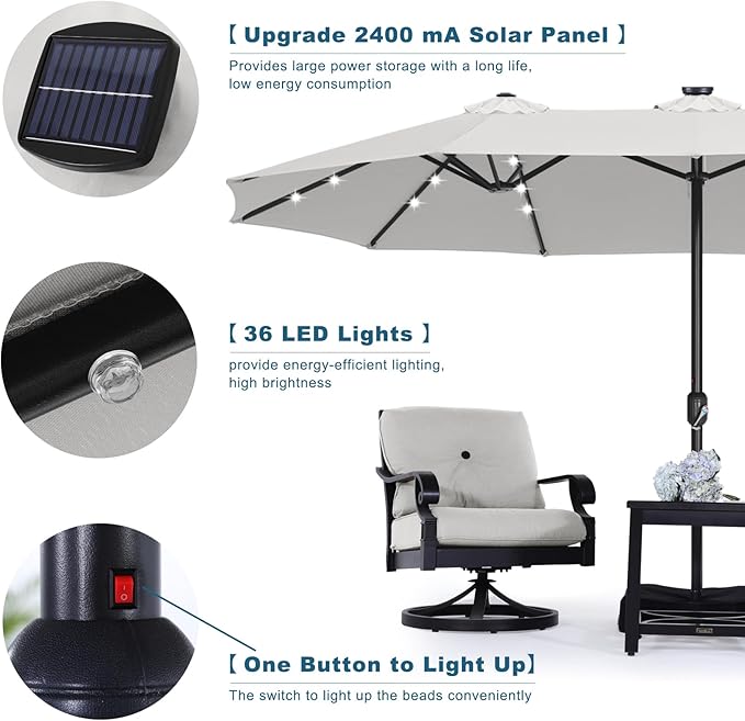 ABCCANOPY 15ft Umbrella Outdoor Patio Solar Lights with Base, Outdoor Double-Sided Rectangle Umbrella for Poolside, Lawn, Backyard (Light Gray)